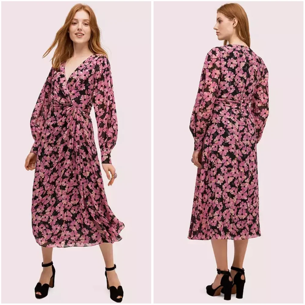 Kate Spade Wallflower Midi Metallic Silk Chiffon Dress 2